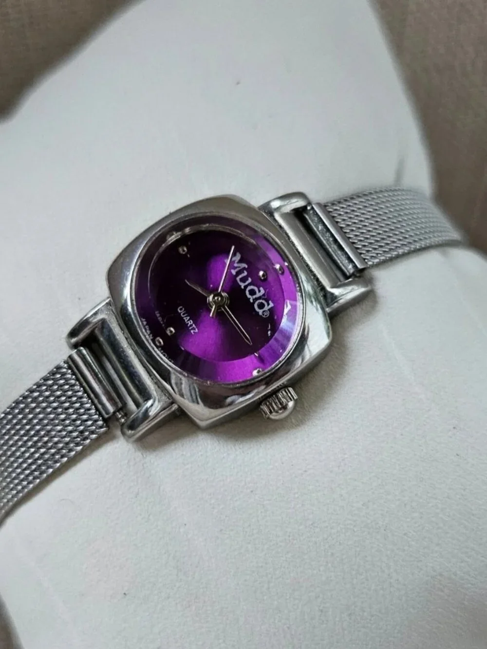 Mudd Women Wristwatch Purple Face Silver Tone Mesh Chain Band Analog Wrist Watch